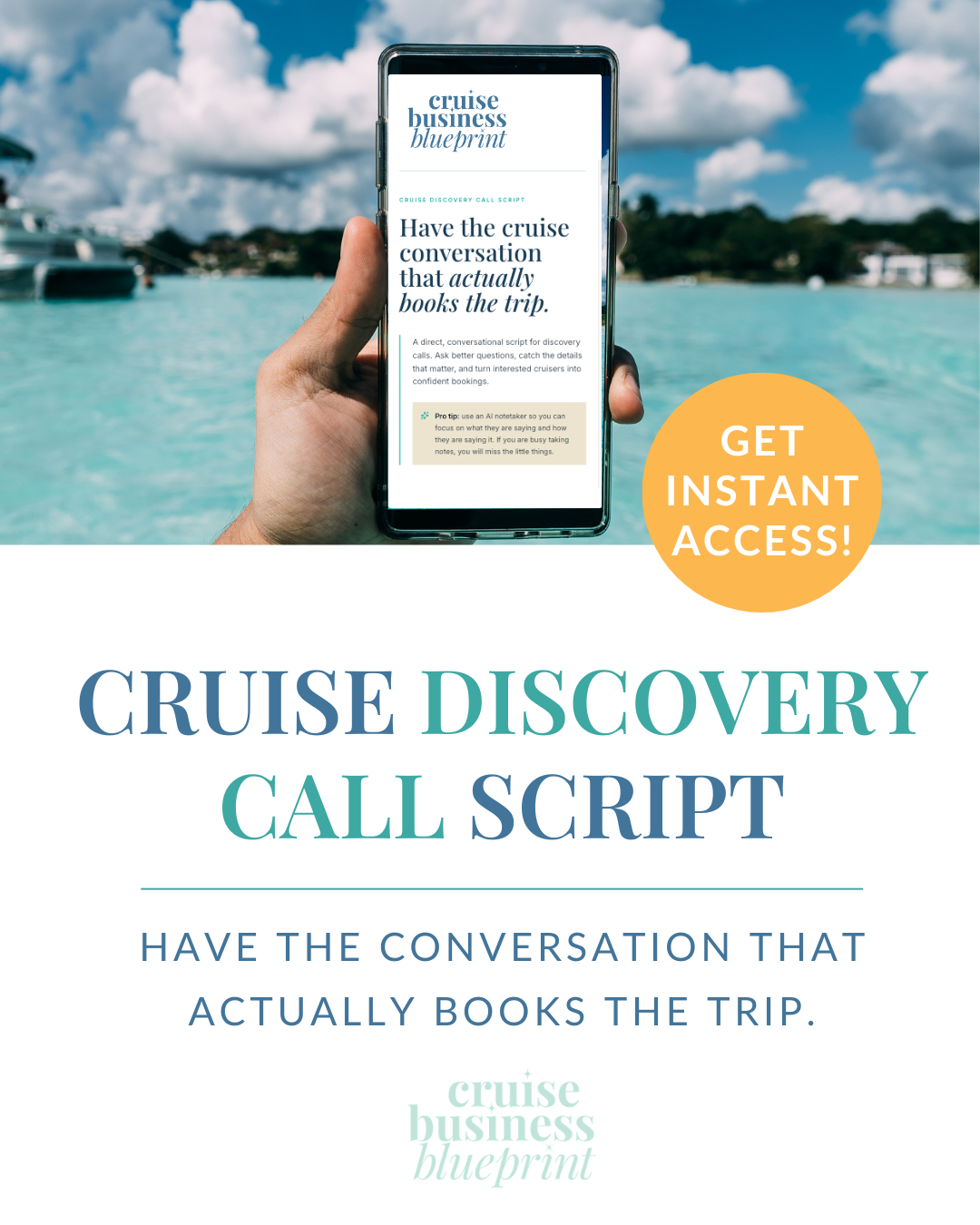 Cruise Discovery Call Script shown on a phone over turquoise water